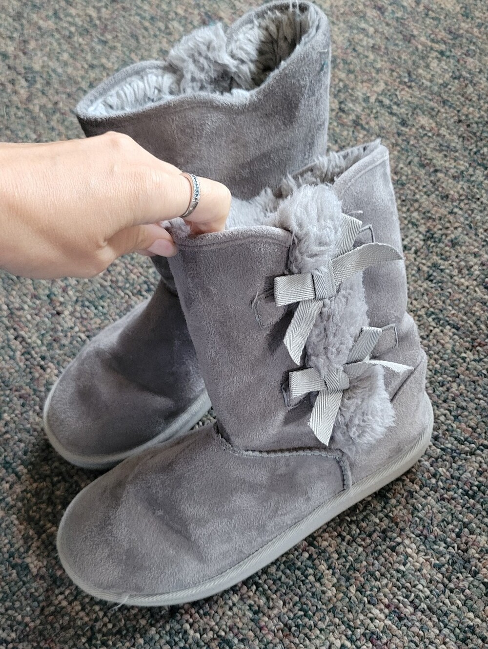 Women’s Gray Faux-Suede Bow Trim Booties